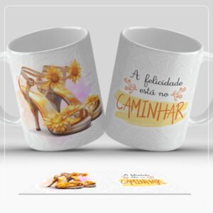 Caneca Salto Alto Girassol 325ml | A Felicidade Está no Caminhar | Estilo e Motivação em Cerâmica
