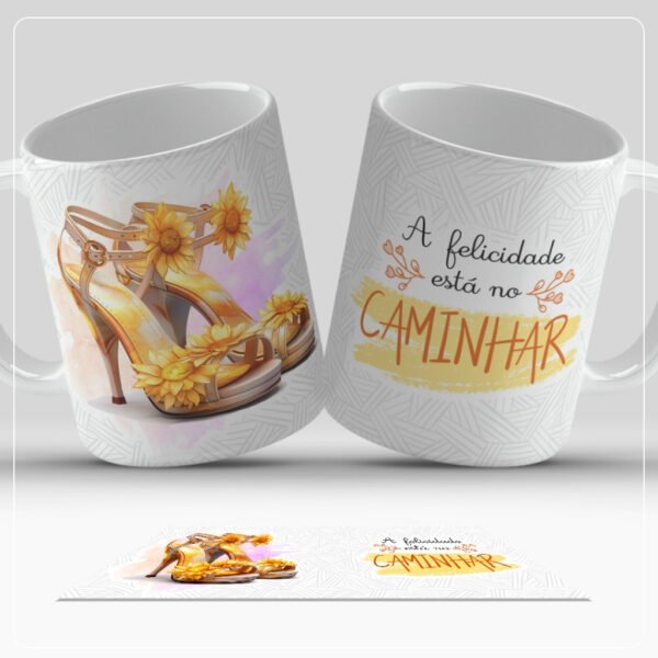Caneca Salto Alto Girassol 325ml | A Felicidade Está no Caminhar | Estilo e Motivação em Cerâmica