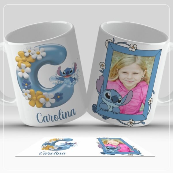 Caneca Personalizada Stitch com Inicial do Nome e foto - Azul - Imagem 3