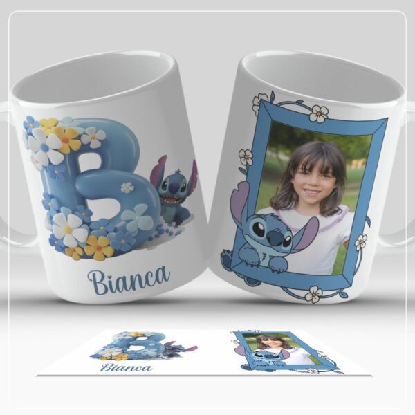 Caneca Personalizada Stitch com Inicial do Nome e foto - Azul - Imagem 2