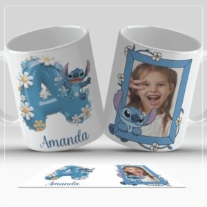 Caneca Personalizada Stitch com Inicial do Nome e foto - Azul