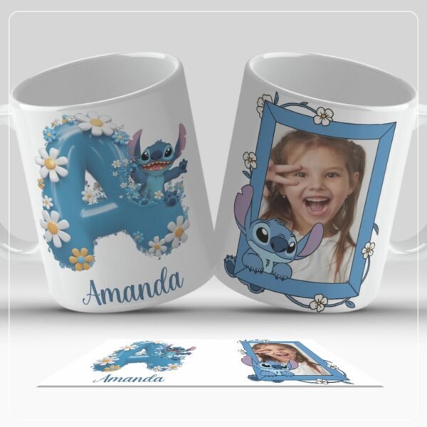 Caneca Personalizada Stitch com Inicial do Nome e foto - Azul
