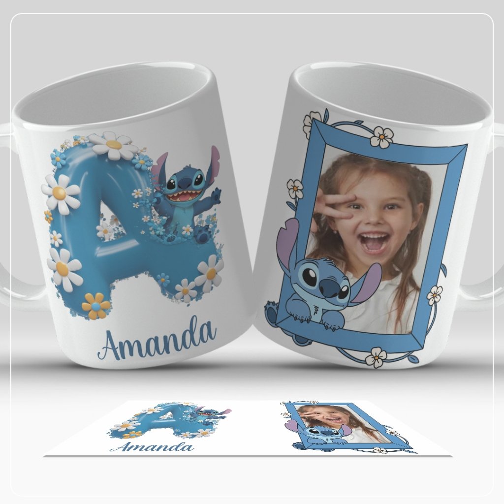 Caneca Personalizada Stitch com Inicial do Nome e foto – Azul